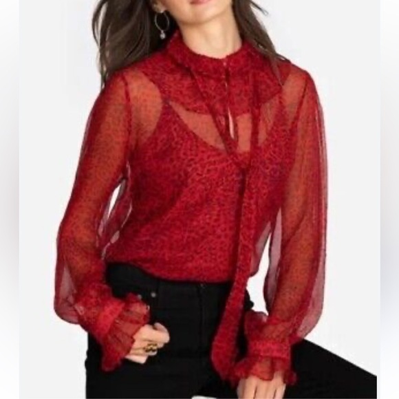 Johnny Was | Jade Whitney Ruffle Silk Blouse in Red and Navy Size M with Slip - Picture 1 of 16